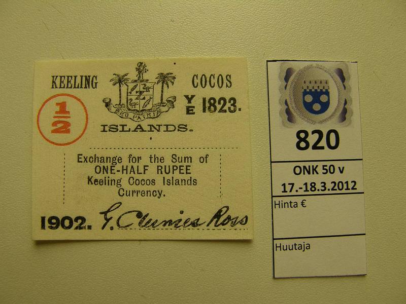 k-0820-a.jpg - Kohde 820, l�ht�hinta: 50 &euro; / myyntihinta: 50 &euro; Keeling Cocos Islands � rupee 1902 Pick#S123 pieni pahvilipuke, kunto: 9