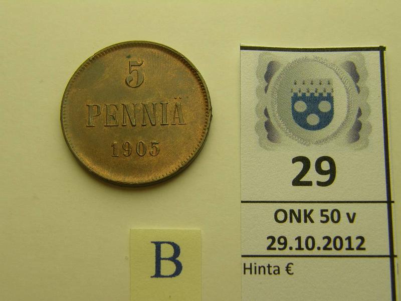 k-0029-b.jpg - Kohde 29 (kuva 2/2), l�ht�hinta: 10 &euro; 5 p 1905 leimakiiltoa, eprvja, kunto: 8