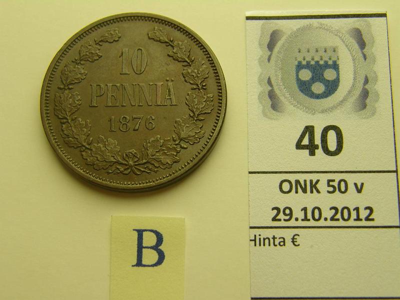k-0040-b.jpg - Kohde 40 (kuva 2/3), l�ht�hinta: 200 &euro; 10 p 1876 SNY 148.2 (pieni 6). Eritt�in kaunis kulumaton raha. Tumma, kiilt�v� patina. Harv. kunto!, kunto: 7