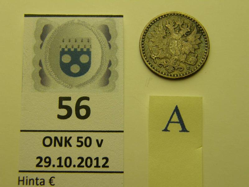 k-0056-a.jpg - Kohde 56 (kuva 1/2), lhthinta: 25 € 25 p 1865 Ag, SNY 265.2.2 (kieli poikki), kunto: 3/4