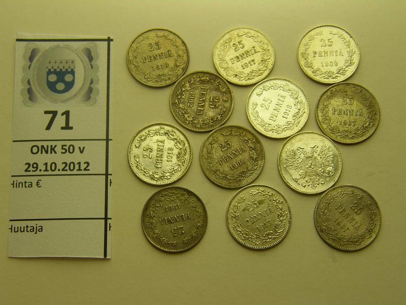 k-0071-a.jpg - Kohde 71, l�ht�hinta: 10 &euro; 25 p 1901-17 (12) Ag, kaikki v:t, muutamassa eprv, hpja, lopuup��ss� leimakiiltoa, mm 1909 kl8, kunto: 4-8
