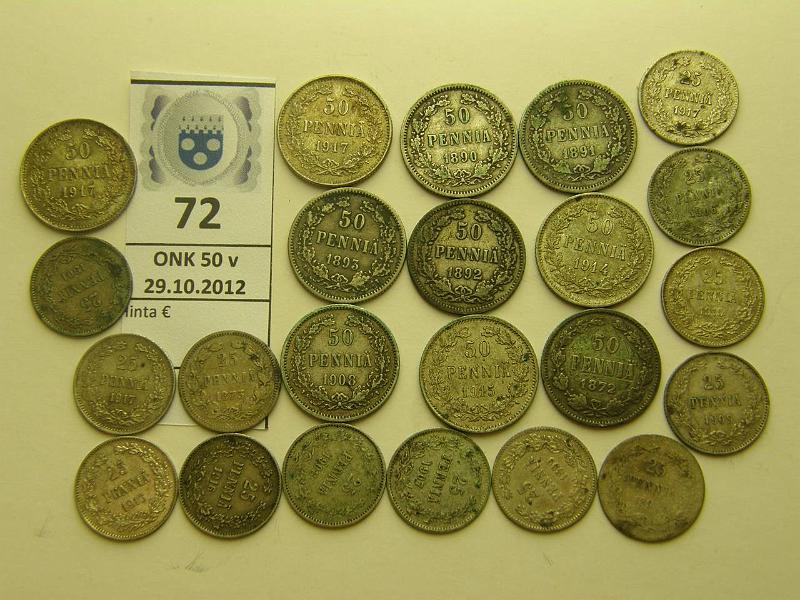 k-0072-a.jpg - Kohde 72, lhthinta: 10 € 25-50 p 1872-1917 II (13+10) Ag, 25p 1894-> (13), 50p 1872-> (10), loppup parempaa, kunto: 2-7