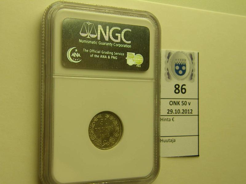 k-0086-a.jpg - Kohde 86 (kuva 1/2), l�ht�hinta: 700 &euro; 50 p 1874 Ag, loistelias! NGC kapselissa MS65, ex. Heritage Auctions, kunto: 9