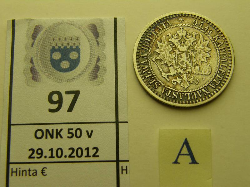 k-0097-a.jpg - Kohde 97 (kuva 1/2), lhthinta: 20 € 1 mk 1867 Ag, SNY 400.1, kunto: 5