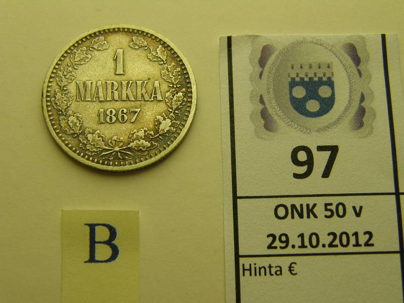 k-0097-b.jpg - Kohde 97 (kuva 2/2), lhthinta: 20 € 1 mk 1867 Ag, SNY 400.1, kunto: 5