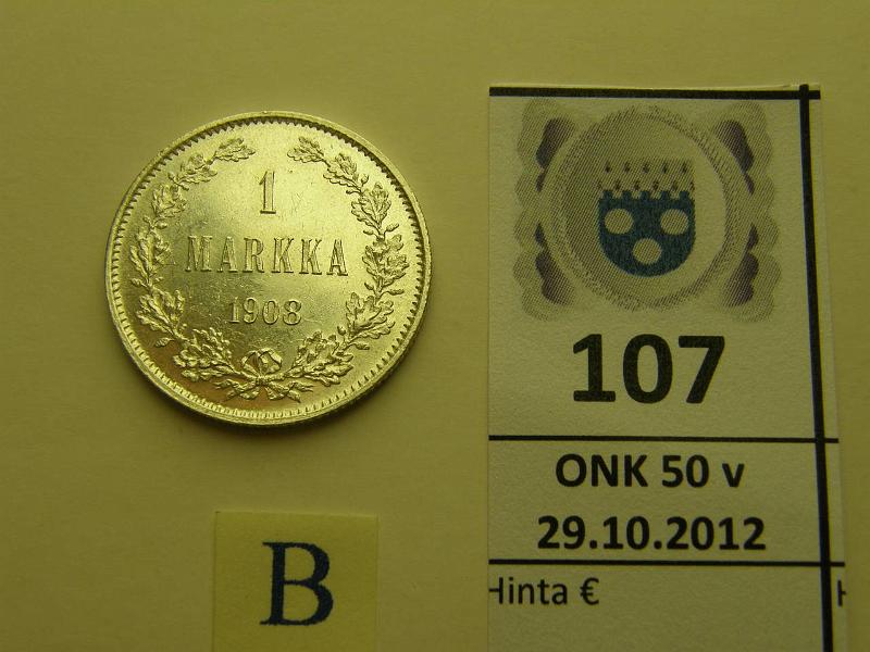 k-0107-b.jpg - Kohde 107 (kuva 2/2), lhthinta: 80 € 1 mk 1908 Ag, hnja, erittin kaunis!, kunto: 9