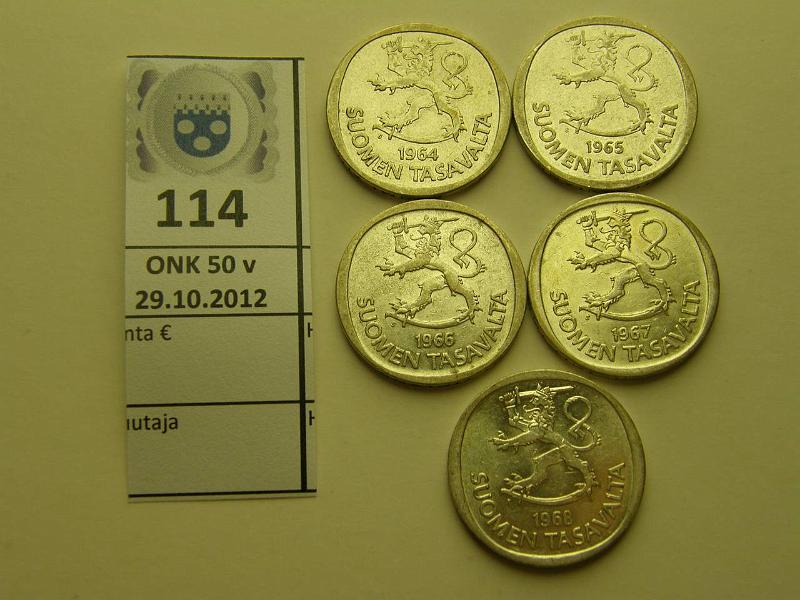 k-0114-a.jpg - Kohde 114, lhthinta: 5 € 1 mk 1964-68 (5) Ag, kaikki v:t, kunto: 6-8