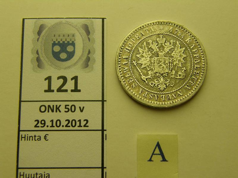 k-0121-a.jpg - Kohde 121 (kuva 1/2), lhthinta: 15 € 2 mk 1870 Ag, kunto: 4