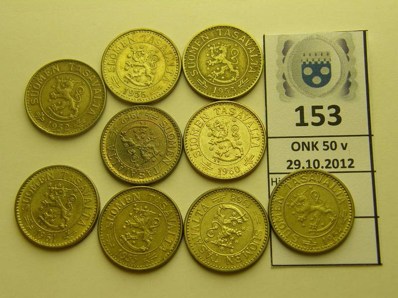 k-0153-a.jpg - Kohde 153, lhthinta: 5 € 10 mk 1952-62 (9) kaikki v:t, kunto: 4-8