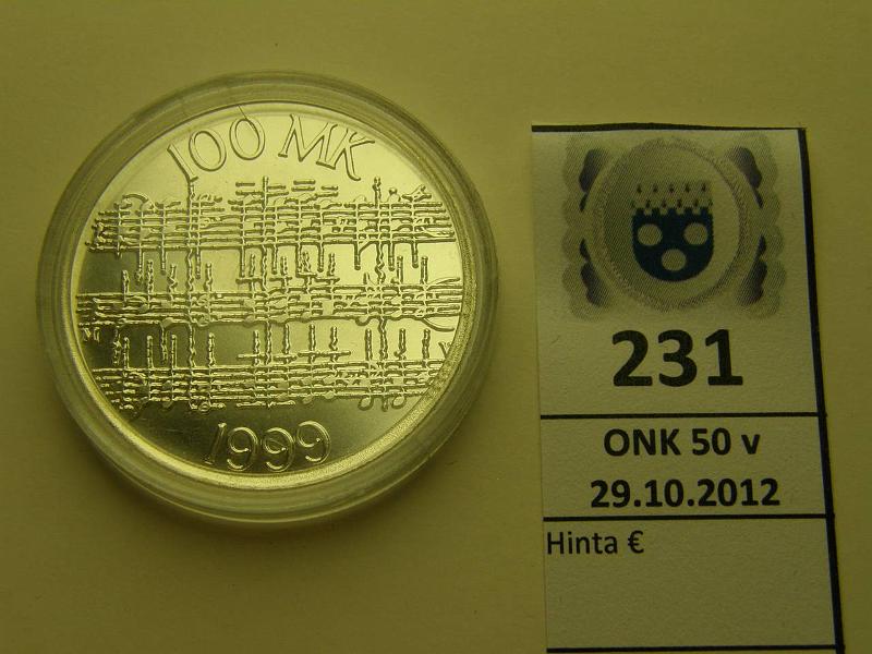 k-0231-a.jpg - Kohde 231, l�ht�hinta: 20 &euro; 100 mk 1999 Ag, Jean Sibelius, kapselissa pirste, kunto: 10