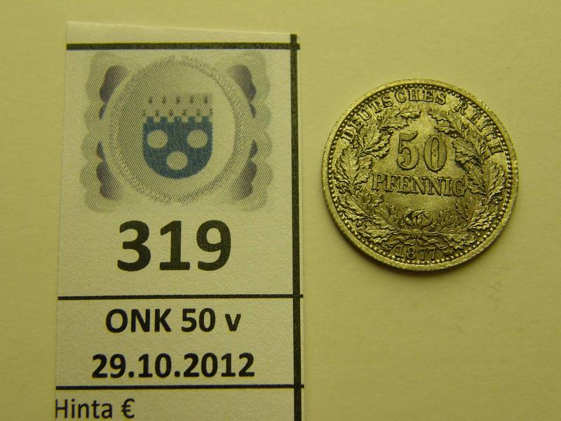 k-0319-a.jpg - Kohde 319, lhthinta: 25 € Saksa 50 pf 1877a KM#8 Ag, leimakiiltoa, kaunis! WorldCoins >100$, kunto: 8