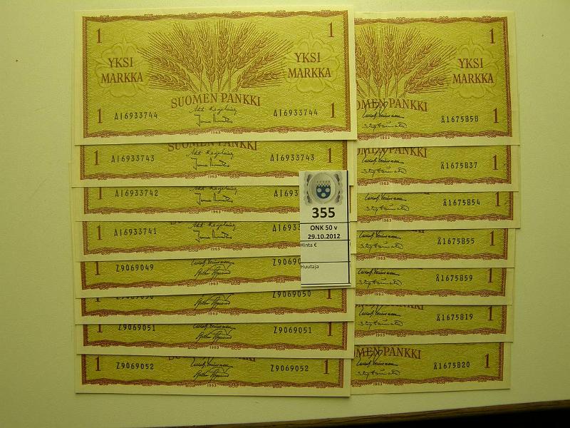 k-0355-a.jpg - Kohde 355, l�ht�hinta: 10 &euro; 1 mk 1963 (15) SNY 144.1 Z(4), AI(4) ja �(7). �-sarjassa pystytaitokset keskell�, muut pakkasileit�, kunto: 6-9