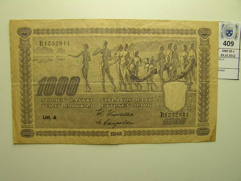 k-0409-a.jpg - Kohde 409, lhthinta: 50 € 1000 mk 1945 LA SNY 199.1 B1052841 KIV-Car, reunoissa kulumia, kunto: 4