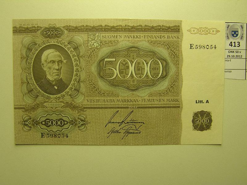 k-0413-a.jpg - Kohde 413, lhthinta: 400 € 5000 mk 1945 LA SNY 204 E598054 RAI-AAs, napakka paperi, pienenpieni neulanreik, kaunis!, kunto: 6