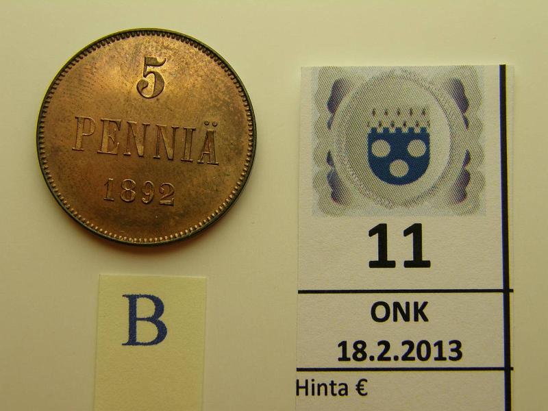 k-0011-b.jpg - Kohde 11 (kuva 2/2), lhthinta: 700 € 5 p 1892 peilipinta, hieman patinaa. Loistelias!, kunto: 9