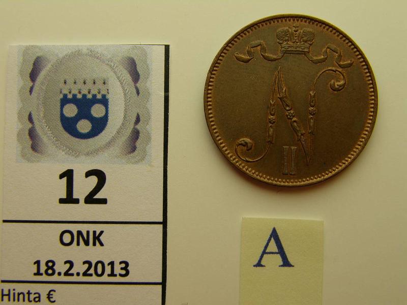 k-0012-a.jpg - Kohde 12 (kuva 1/2), l�ht�hinta: 30 &euro; 5 p 1908 leimakiiltoa, ep iskem� reunassa, kunto: 8