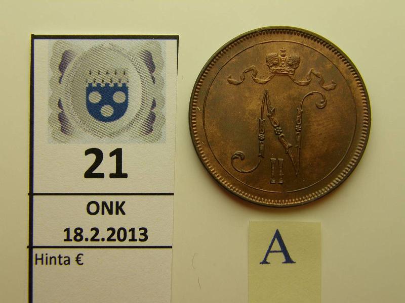 k-0021-a.jpg - Kohde 21 (kuva 1/2), l�ht�hinta: 100 &euro; 10 p 1897 kulumaton raha, runsaasti leimakiiltoa. Eritt�in kaunis!, kunto: 8