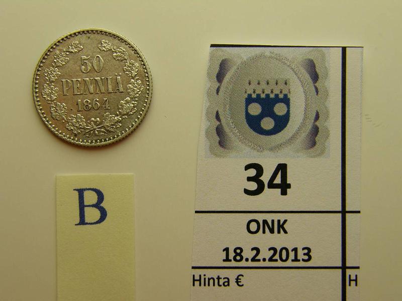 k-0034-b.jpg - Kohde 34 (kuva 2/2), lhthinta: 420 € 50 p 1864 Ag, l.puhd, hyv kunto tlle vuodelle. Kaunis!, kunto: 8
