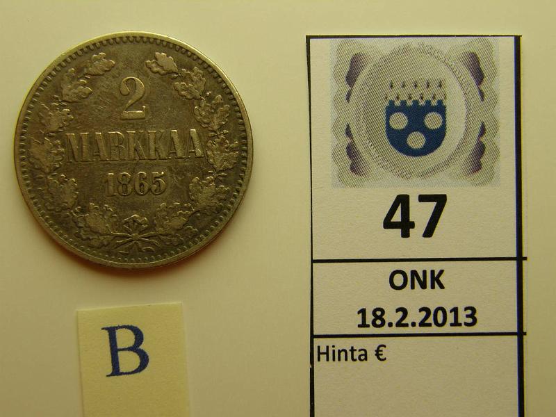 k-0047-b.jpg - Kohde 47 (kuva 2/2), lhthinta: 15 € 2 mk 1865 Ag, SNY 493.2, ei palloja, kunto: 4