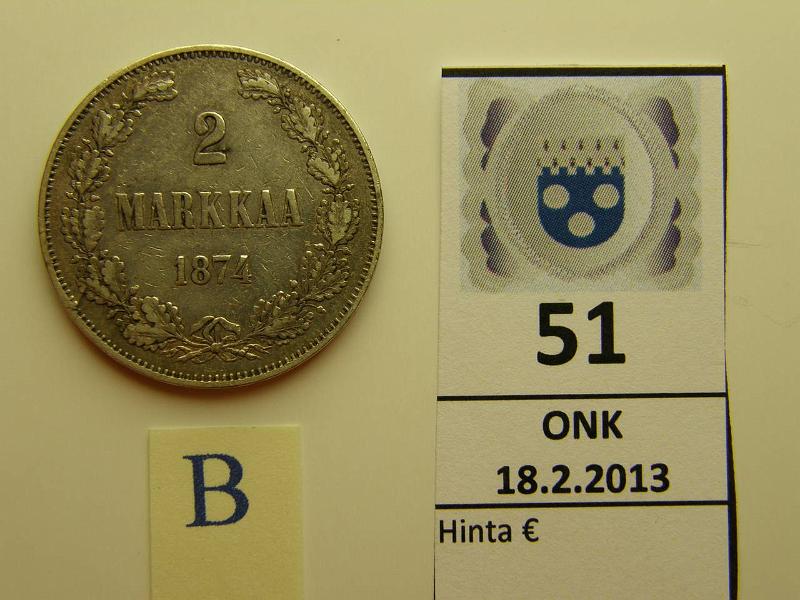 k-0051-b.jpg - Kohde 51 (kuva 2/2), lhthinta: 15 € 2 mk 1874 Ag, hnja, kunto: 4