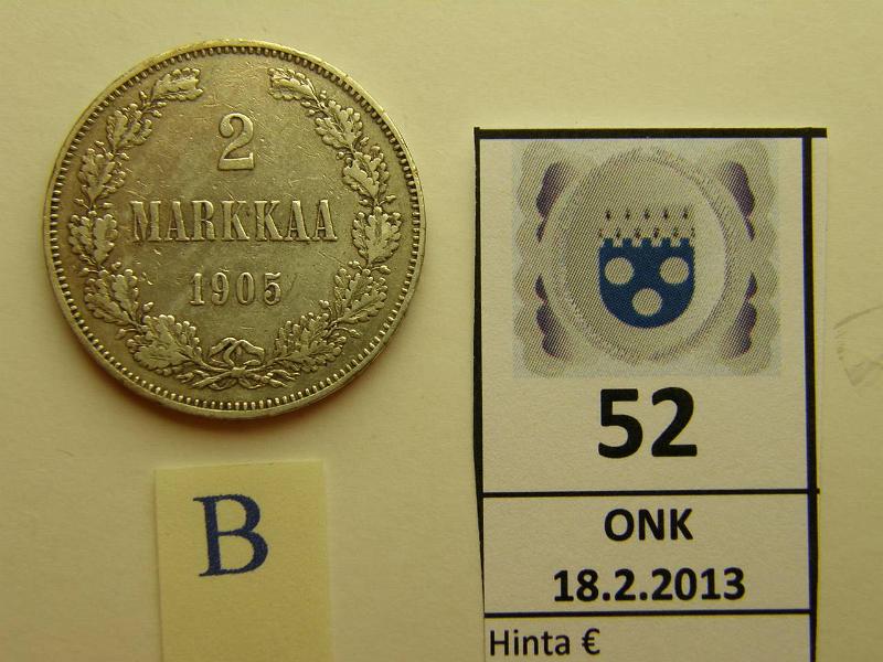 k-0052-b.jpg - Kohde 52 (kuva 2/2), l�ht�hinta: 200 &euro; 2 mk 1905 Ag, epij�, kunto: 5/4