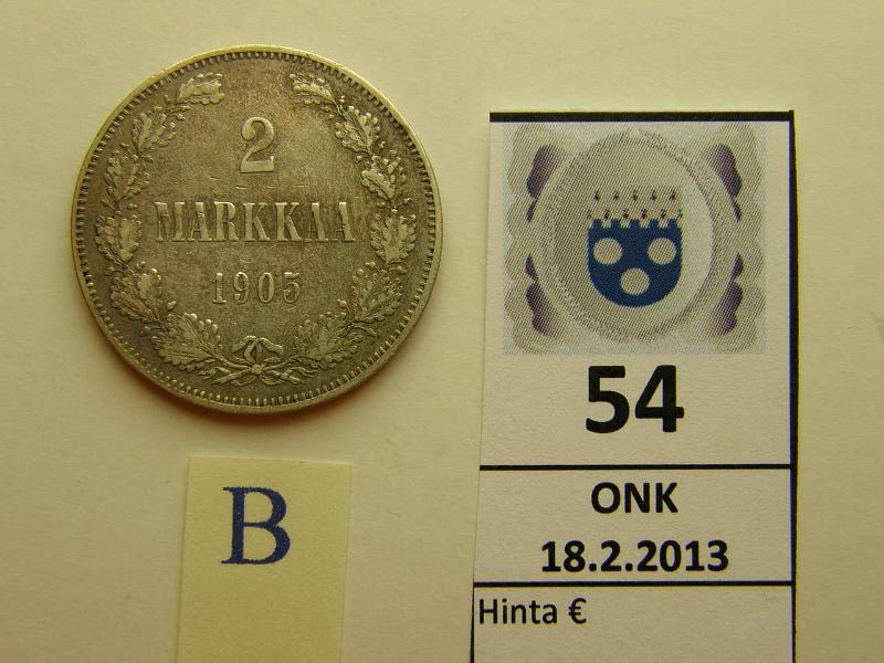 k-0054-b.jpg - Kohde 54 (kuva 2/2), lhthinta: 200 € 2 mk 1905 Ag, kunto: 5