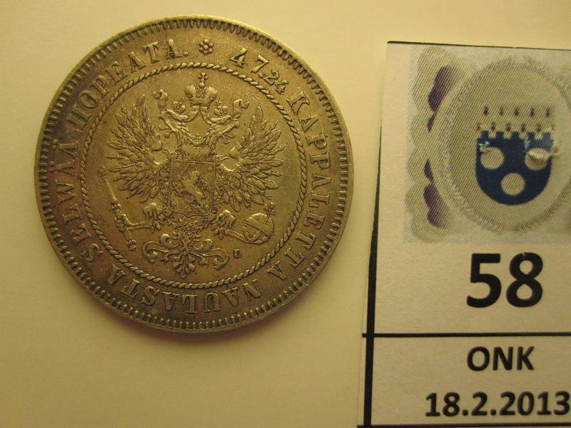k-0058-a.jpg - Kohde 58 (kuva 1/2), lhthinta: 15 € 2 mk 1907 Ag, kunto: 5