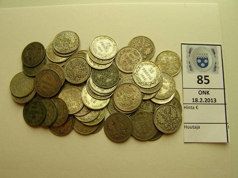 k-0085-a.jpg - Kohde 85, l�ht�hinta: 40 &euro; 25 p 1872-17 II (59) Ag, kaikki v:t (paitsi 1876), monia vuosia useampi kpl, kunto: 3-8