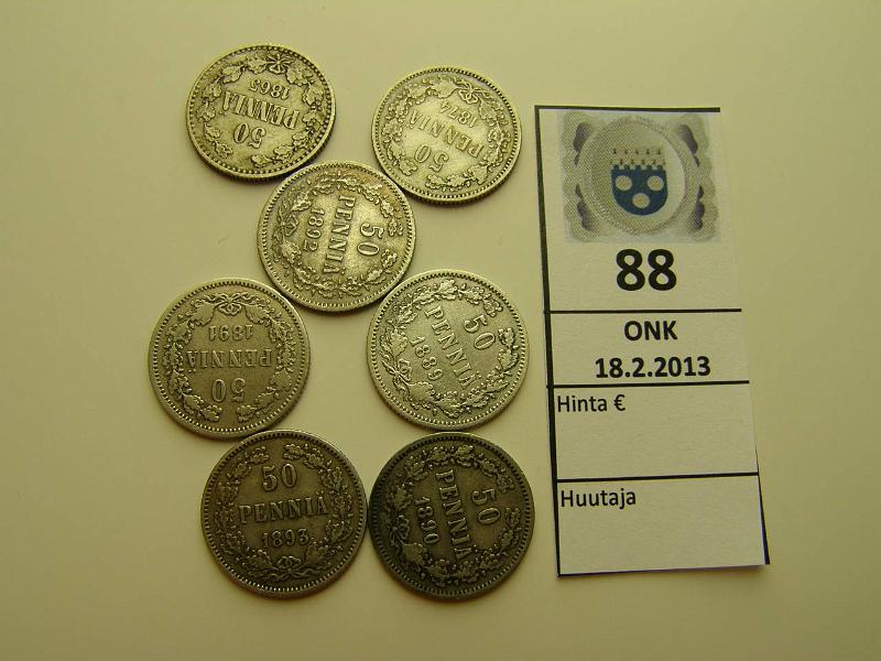k-0088-a.jpg - Kohde 88, lhthinta: 25 € 50 p 1865-93 (7) Ag, 1865, -74, -89, -90, -91, -92, -93, osa puhd, kunto: 3-5