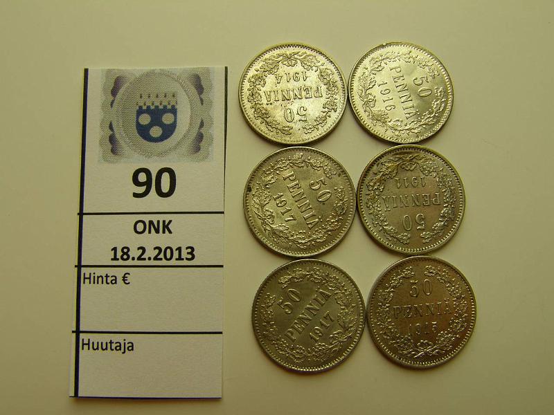 k-0090-a.jpg - Kohde 90, lhthinta: 5 € 50 p 1911-1917 II (6) Ag, kaikki v:t, osassa phpja, kunto: 8-9