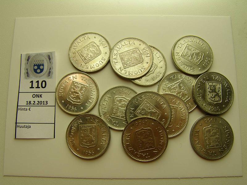 k-0110-a.jpg - Kohde 110, lhthinta: 90 € 200 mk 1956-59 (13) Ag, 1956(3), -57(2), 58H(7), -59, kunto: 7-9