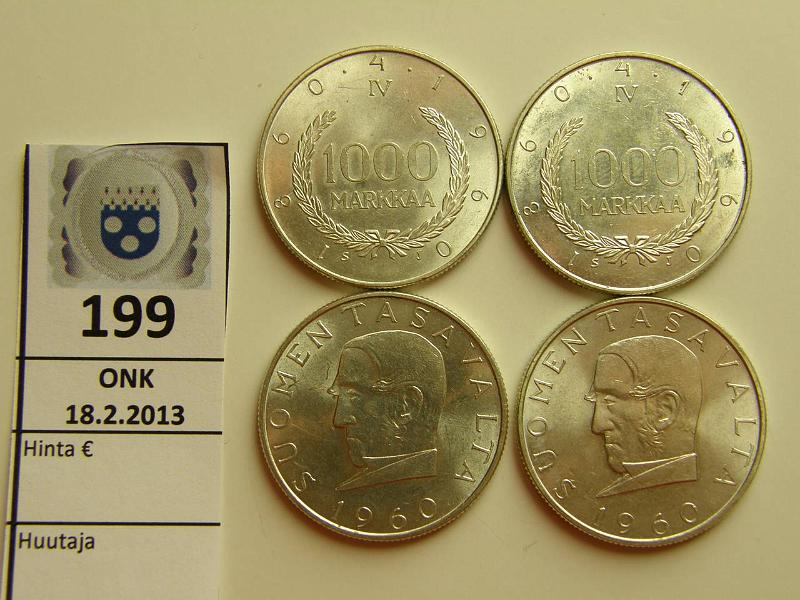 k-0199-a.jpg - Kohde 199, l�ht�hinta: 60 &euro; 1000 mk 1960 (4) Ag, markka 100v, kunto: 8-9