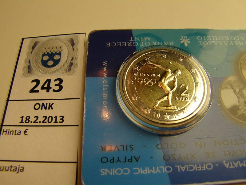 k-0243-a.jpg - Kohde 243, lhthinta: 5 € Kreikka 2004 Ateenan olympialaiset, kiekonheittj, kortissa, kunto: 9