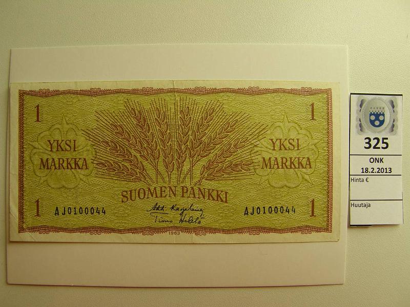 k-0325-a.jpg - Kohde 325, lhthinta: 10 € 1 mk 1963 SNY 114.1 AJ0100044 KA I-He, kunto: 5