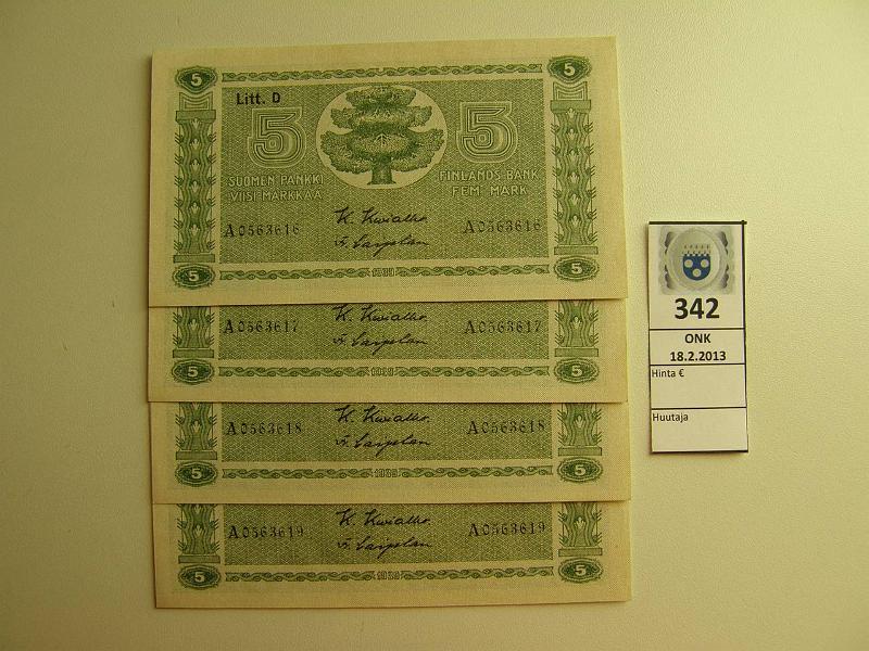 k-0342-a.jpg - Kohde 342, lhthinta: 20 € 5 mk 1939 LD (4) SNY 133.1 A0563616..9 KIV-Car, 4 per. pakasta, vl I, kunto: 9