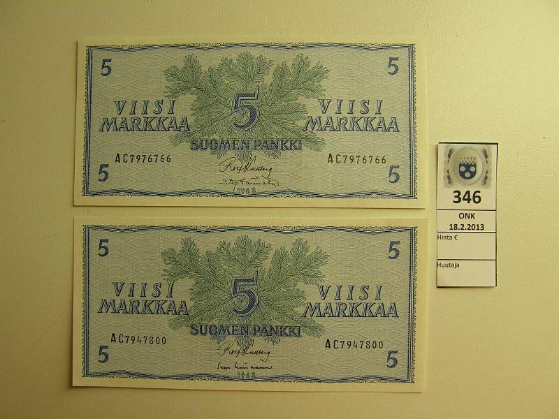 k-0346-a.jpg - Kohde 346, lhthinta: 10 € 5 mk 1963 (2) SNY 135.1 AC7947800 KU I-Lin, AC7976766 KU I-Tr harv. allek. (v), kunto: 9,8