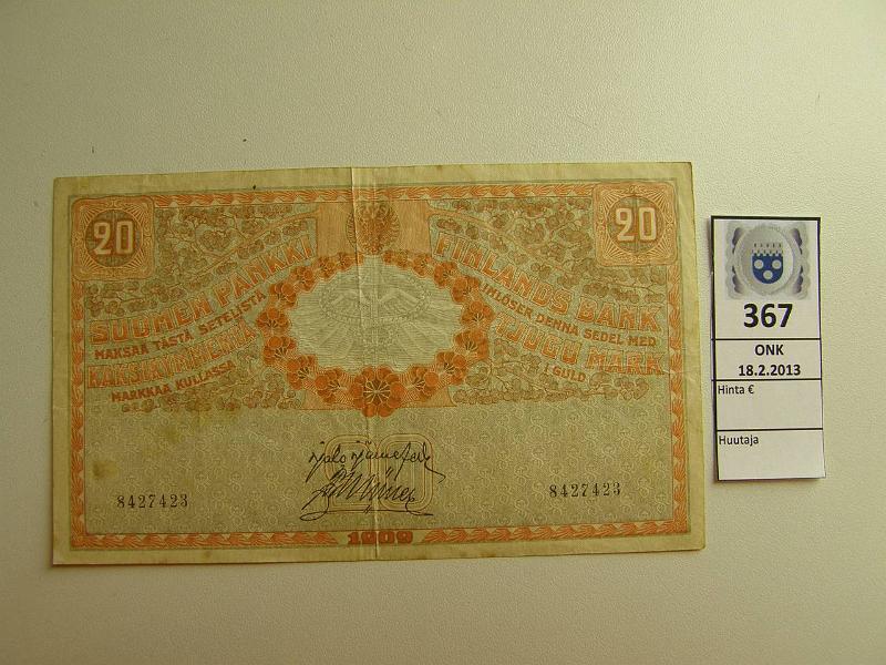 k-0367-a.jpg - Kohde 367, l�ht�hinta: 50 &euro; 20 mk 1909 SNY 156.1 8427423 J�R-M�l, tahroja, kunto: 4