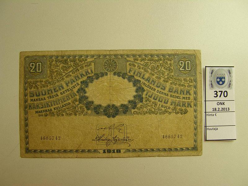 k-0370-a.jpg - Kohde 370, l�ht�hinta: 15 &euro; 20 mk 1918 SNY 157 4665742 BRG-His, prep�, pehme� paperi, kunto: 3