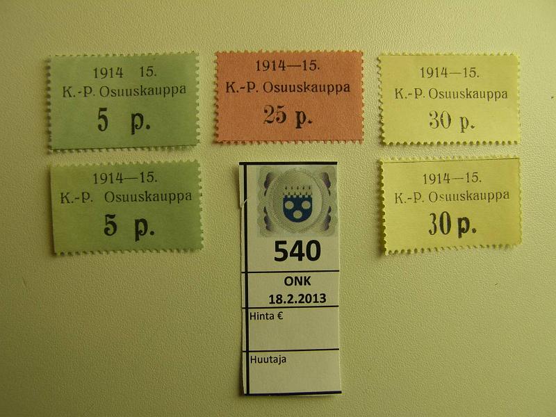 k-0540-a.jpg - Kohde 540, lhthinta: 10 € 5-30 p (5) 1914-15 K.-P. Osuuskauppa 5, 25, 30p, 5 ja 30p 2 eril./arvo, ei Pasasen kirjassa, kunto: 8-9