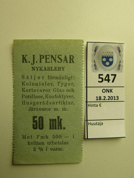 k-0547-a.jpg - Kohde 547, lhthinta: 5 € 50 mk K.J. Pensar 50 mk., kunto: 7