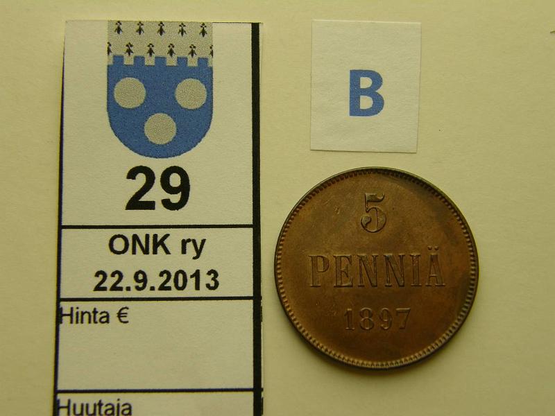 k-0029-b.jpg - Kohde 29 (kuva 2/2), l�ht�hinta: 50 &euro; / myyntihinta: 50 &euro; 5 p 1897 kaunis leimakiilto arvop., vaakunap. tumma patina, pmv, kunto: 6/8