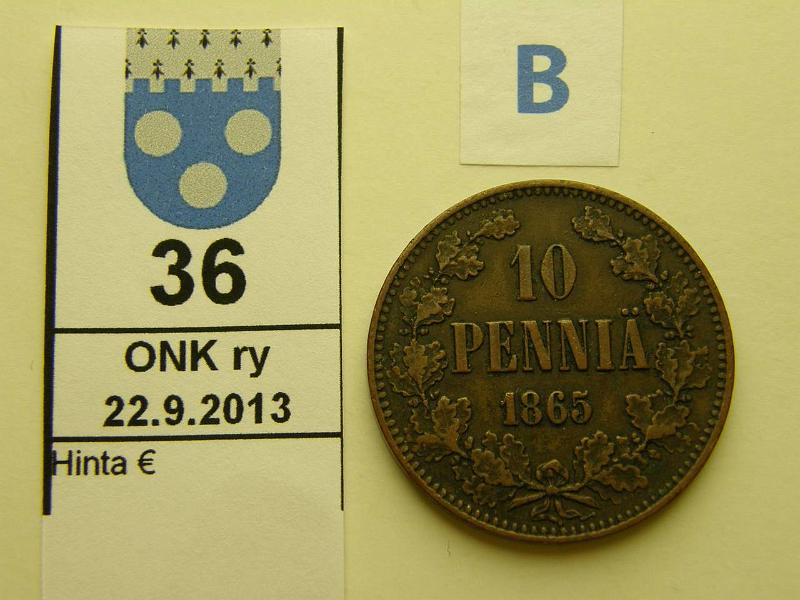 k-0036-b.jpg - Kohde 36 (kuva 2/2), lhthinta: 5 € / myyntihinta: 6 € 10 p 1865 prv, kaunis patina, kunto: 4/5
