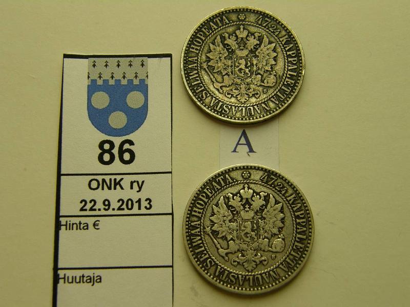 k-0086-a.jpg - Kohde 86 (kuva 1/2), lhthinta: 30 € / myyntihinta: 36 € 2 mk 1865 (2) Ag, SNY 493.1 ja 493.2, toisessa nja, kunto: 4