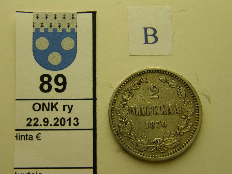 k-0089-b.jpg - Kohde 89 (kuva 2/2), l�ht�hinta: 15 &euro; / myyntihinta: 21 &euro; 2 mk 1870 Ag, kunto: 4