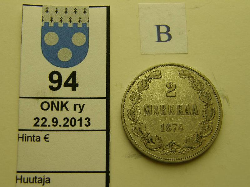 k-0094-b.jpg - Kohde 94 (kuva 2/2), l�ht�hinta: 15 &euro; / myyntihinta: 15 &euro; 2 mk 1874 Ag, prvja, kunto: �