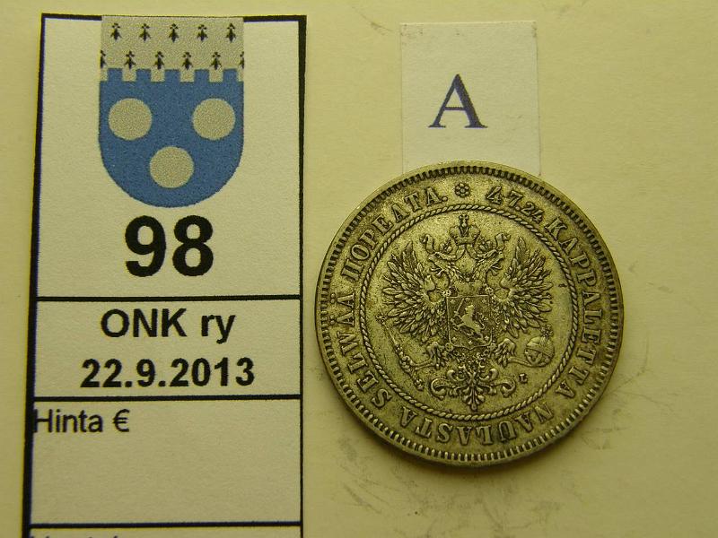 k-0098-a.jpg - Kohde 98 (kuva 1/2), l�ht�hinta: 15 &euro; / myyntihinta: 36 &euro; 2 mk 1906 Ag, SNY 500.2, kunto: 5