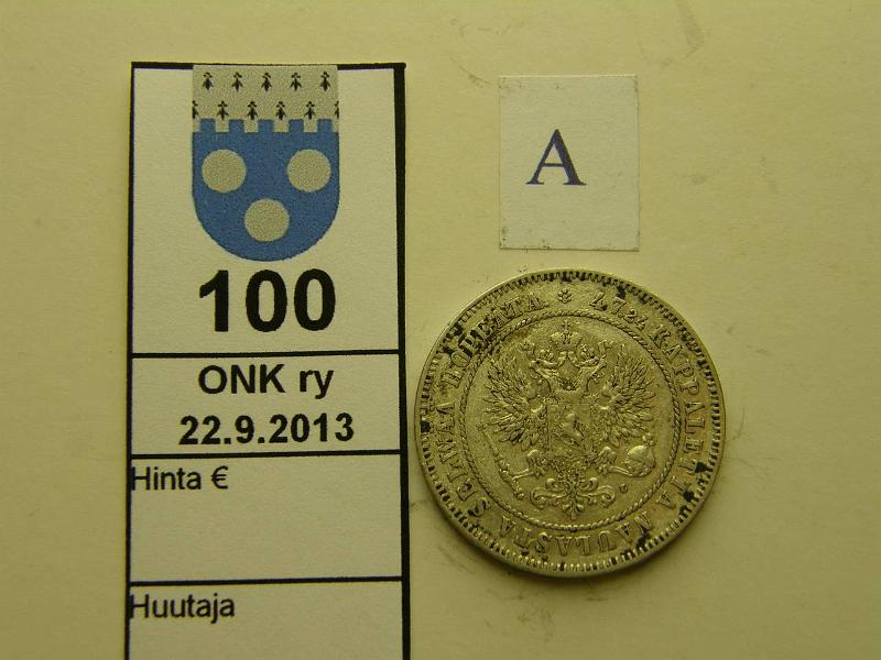 k-0100-a.jpg - Kohde 100 (kuva 1/2), lhthinta: 15 € / myyntihinta: 15 € 2 mk 1907 Ag, puhd, likaa, kunto: 4