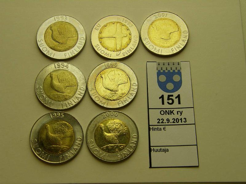 k-0151-a.jpg - Kohde 151, lhthinta: 15 € / myyntihinta: 19 € 10 mk (7) 1993-2001 metsokympit 1993, -94, -95, -96, 2000, -01 ja EU-95, osassa hieman tummentumaa, kunto: 6-8