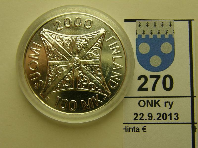 k-0270-a.jpg - Kohde 270, lhthinta: 95 € / myyntihinta: 97 € 100 mk 2000 Ag, Riemuvuosi, kapseli, kunto: 10