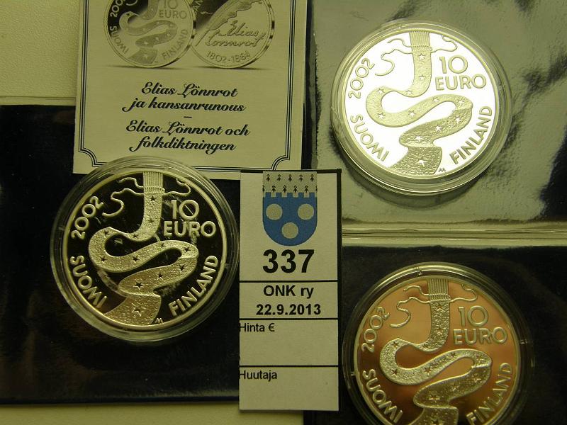 k-0337-a.jpg - Kohde 337, lhthinta: 60 € 10 € 2002 (3) Ag, proof, Lnnrot, muovikotelot, kapselit, tod, kunto: 10